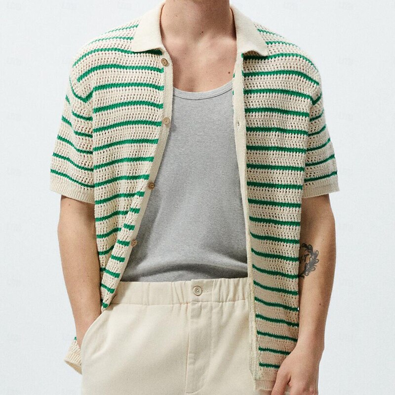 Men's Polo Golf Shirt Street Casual Lapel Short Sleeve Fashion Vertical Stripes Button Front Summer Green Polo2