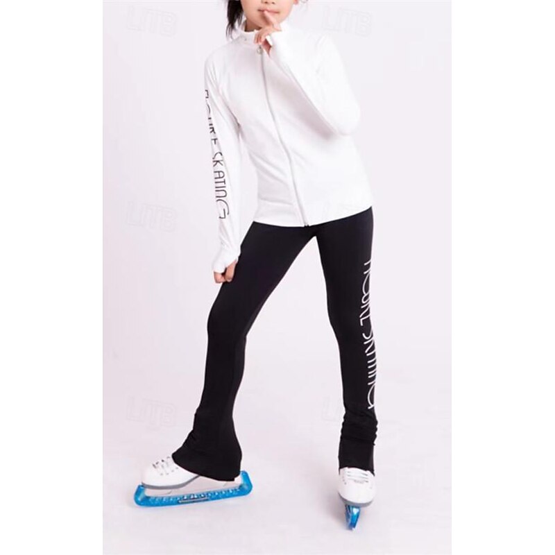 Figure Skating Fleece Jacket Figure Skating Pants Figure Skating Jacket with Pants Women's Girls' Ice Skating Jacket Tights Outfits Black Black White Sky Blue White Patchwork Thumbhole Spandex3