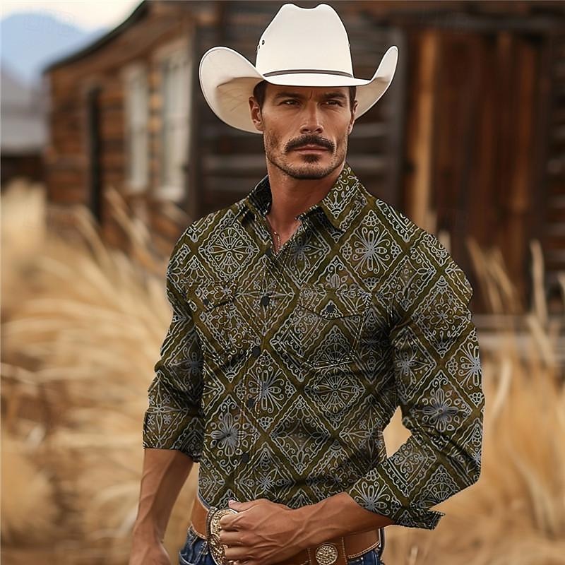 Men's Aztec Tribal Ethic / African Western Shirt Cowboy Shirt Long Sleeve Vintage Western Style Tribal Outdoor Vacation Horse Race Spring & Summer Turndown Print Button-Down Burgundy Navy Blue Green4