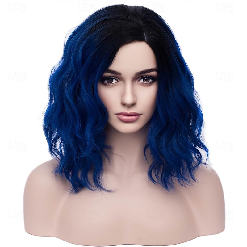 Black and Blue Wigs for Women Girls Short Curly Bob Wavy Hair Ombre Dark Blue Heat Resistant Synthetic Cosplay Daily Party Halloween Wigs