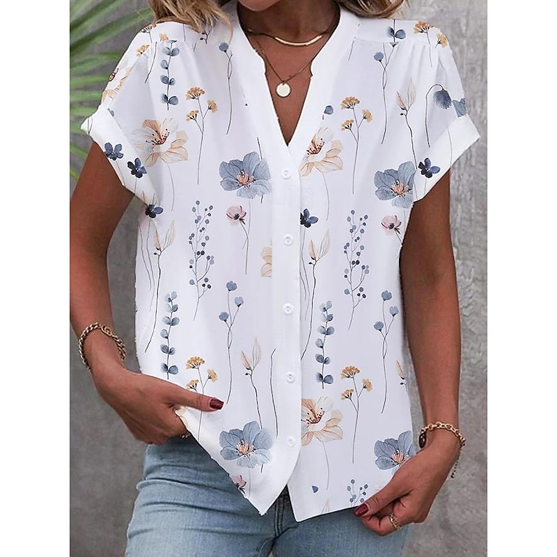 Women's Shirt V Neck Button Down Blouse Fashion Streetwear Floral Buttons Print Short Sleeve Regular Tops Split Neck Casual White Pink Sky Blue Summer4
