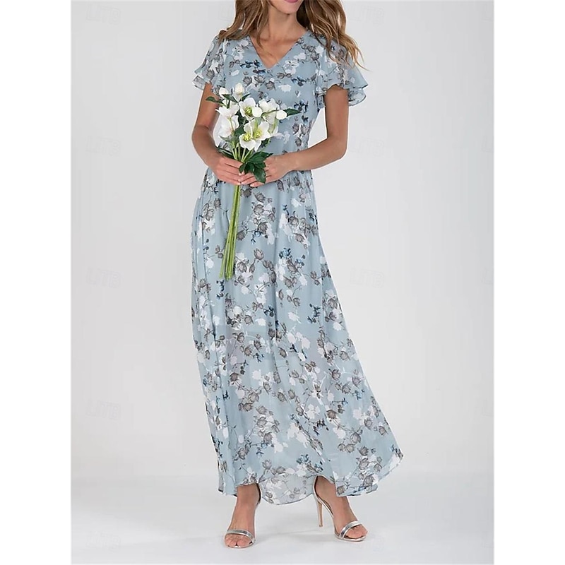 Women's Maxi Dress Floral Print V-Neck Flutter Sleeve Flowy Blue White Elegant Wedding Guest Garden Party Summer Spring Feminine Silhouette Lightweight Comfortable Various Sizes