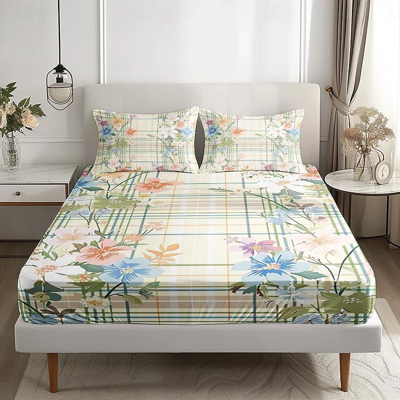 100% Cotton Floral Stripe Spring Pattern Fitted Sheet Set Ultra Soft Breathable Silky Bed Sheets Deep Pocket Bedding Sheets 3 Piece Queen King Size3