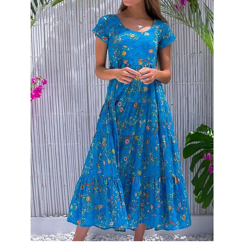Women's Swing Dress Tiered Dress Floral Ditsy Floral Print Crew Neck Long Dress Maxi Dress Tropical Boho Home Holiday Short Sleeve Regular Fit Wine Blue Green Summer Fall S M L XL 2XL3