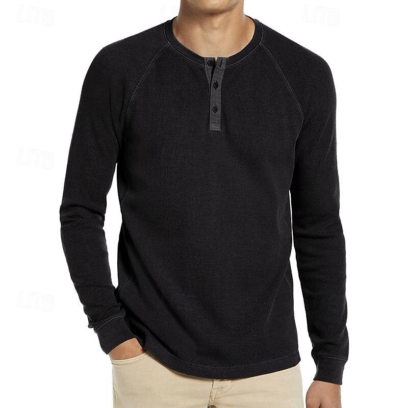 Men's Waffle Tee Waffle Shirt Button T Shirt T Shirt Long Sleeve Henley Spring & Fall Plain Fashion Designer Basic Button-Down Vacation Street Going out Black Wine Navy Blue Top Tee for Men 8