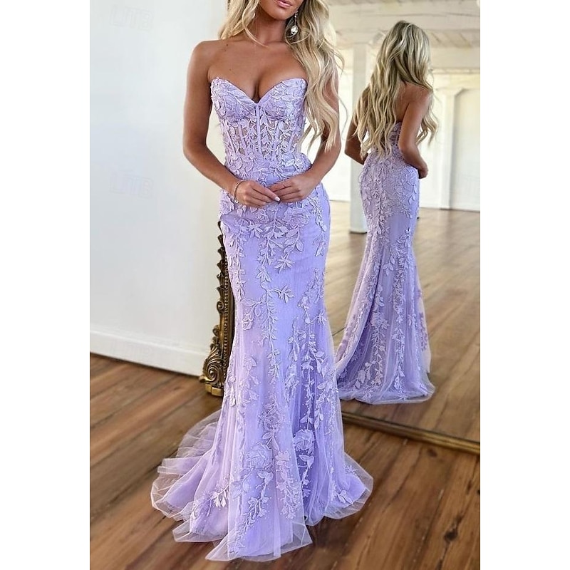 Mermaid Prom Dresses Glittering Dress Evening Party Sweep / Brush Train Sleeveless Strapless Lace Backless with Appliques
