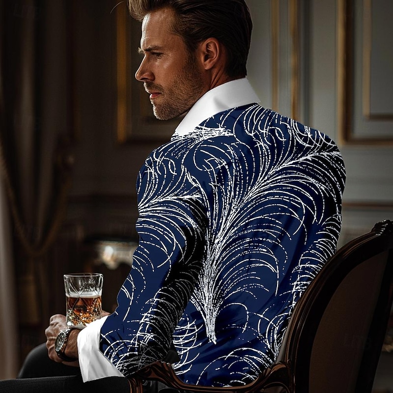 Men's Linear Button Up Shirt Printed Shirts Long Sleeve Business Casual Vacation Party Street Fall Spring & Summer Turndown Print Button-Down Violet Dark Blue3