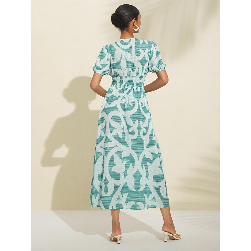 Puff Sleeve V Neck Midi Dress2