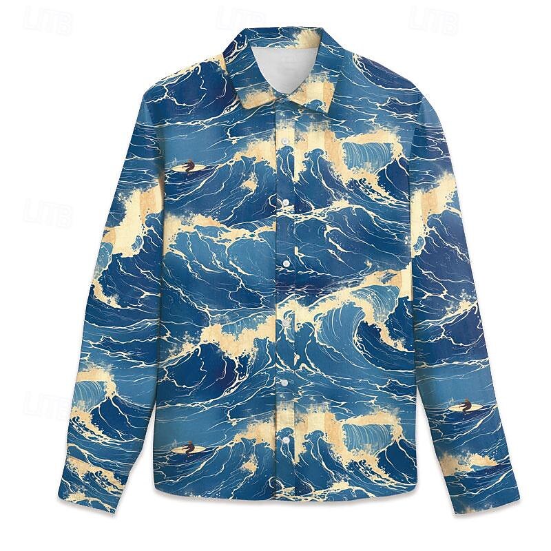 Men's Spray Seascape Pattern Summer Hawaiian Shirt Aloha Shirt Printed Shirts Long Sleeve Shirt Turndown Hawaiian Resort Vacation Party Street Blue Dark Blue S M L2