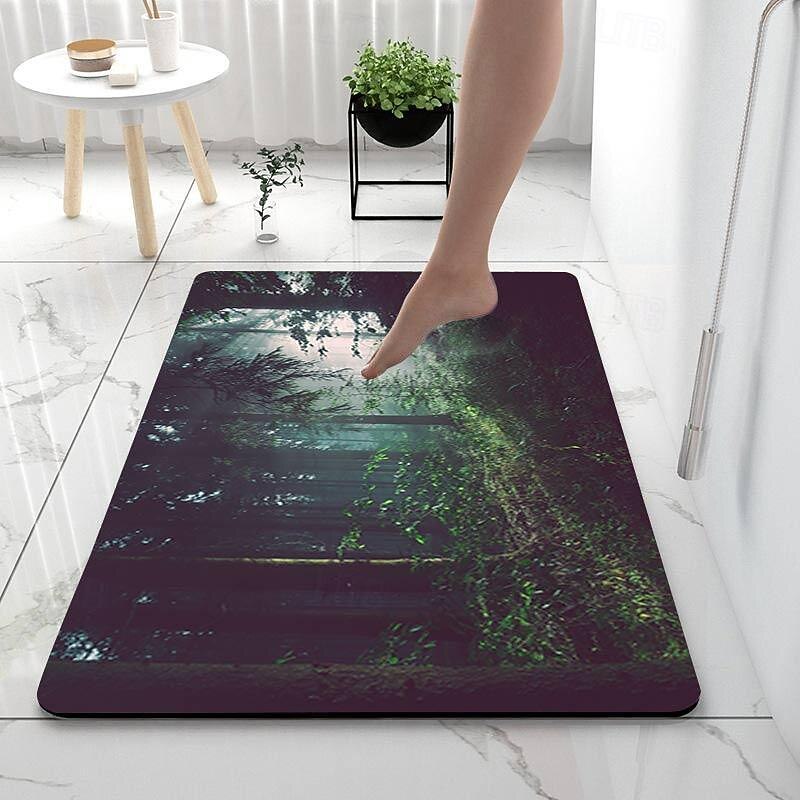 Forest Diatomaceous Earth Bath Mat Soft Mat Rubber Anti-Slip Fast Dry Super Absorbent Thin Bathroom Mat for Under Door - Bathroom Floor Mat Rug Bathtub Front Shower Mat Sink3