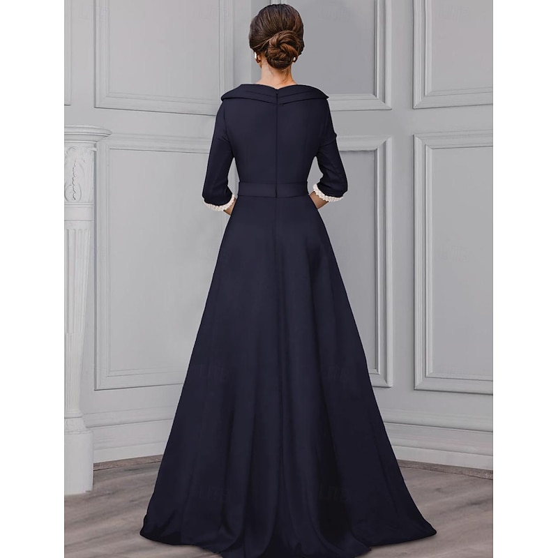 Jumpsuit Mother of the Bride  Tuxedo  Formal Wedding Guest Elegant detachable V Neck Floor Length Satin 3/4 Length Sleeve with Pearls3