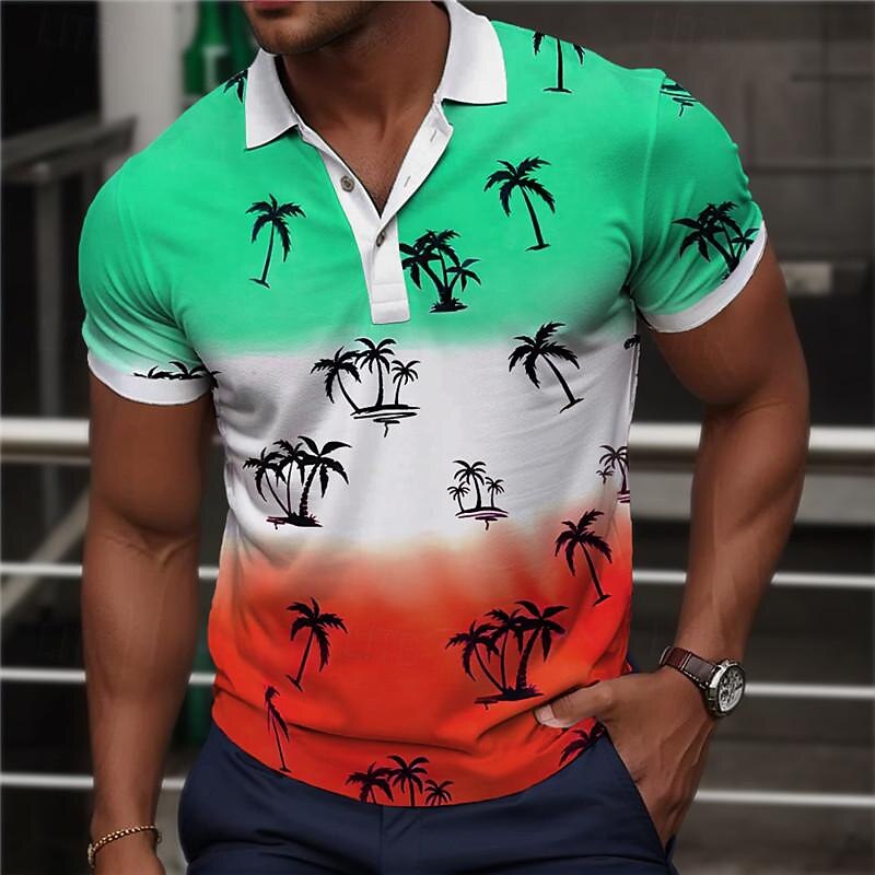 Kentucky Derby Men's Palm Tree Hawaiian Polo Shirts Golf Shirt Short Sleeve Polo Shirts Collared Shirts Casual Beach Wear Vacation Wear Tropical Wear Party Outfits Buttons 3D Print Summer Blue Green3