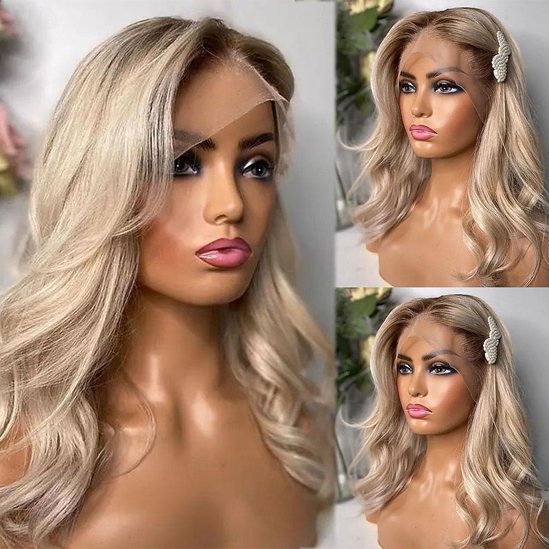 Remy Human Hair 13x4 Lace Front Wig Free Part Brazilian Hair Wavy Blonde Wig 130% 150% Density Ombre Hair  Pre-Plucked For Women Long Human Hair Lace Wig