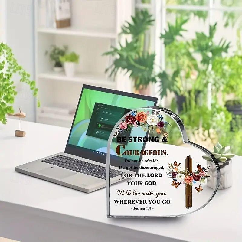Christian Gift Joshua 19 God Scripture Acrylic Plaque Be Strong And Courageous Encouragement Gift For Boy Girl Cross Flower Butterfly Desk Heart Plaque Religious Gift For Women Men4