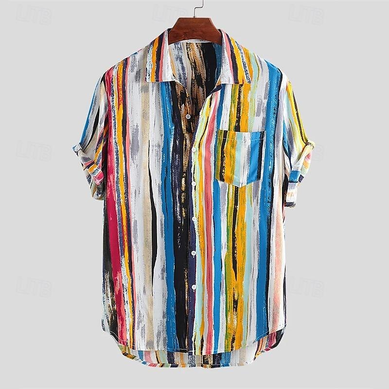 Men's Shirt Summer Shirt Casual Shirt Beach Shirt Button Up Shirt Wine Blue Short Sleeve Color Block Striped Turndown Vacation Holiday Clothing Apparel Polyester Fashion Casual Comfortable