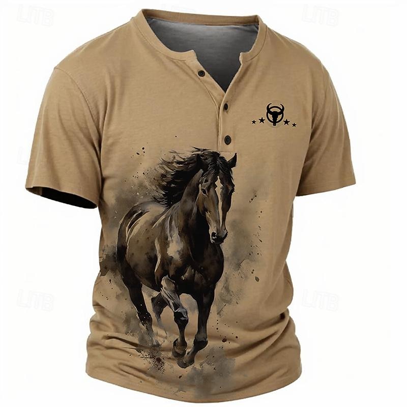 Men's Graphic Horse Faith T shirt Henley Shirt Tee Top Short Sleeve 3D Print Classic Casual Sports Outdoor Holiday Going out Spring & Summer Blue Khaki Gray Henley Henley T-Shirt
