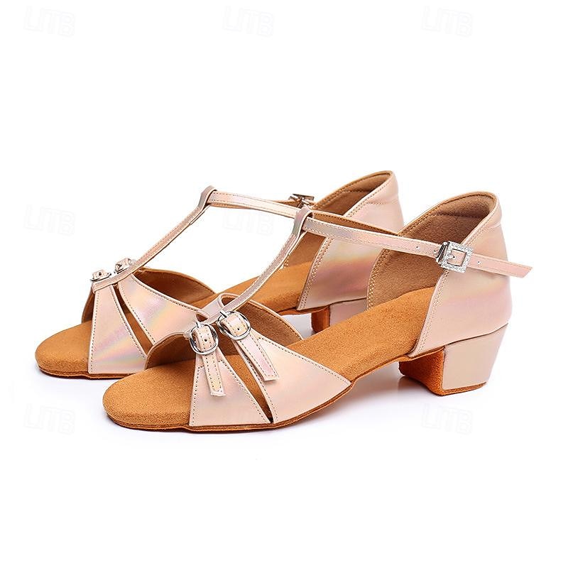Women's Latin Dance Shoes Performance Training Practice Satin Basic Sandal Buckle Thick Heel T-Strap Ankle Strap Silver Dark Brown Black2