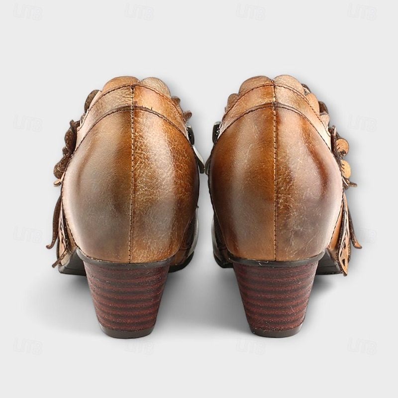 Women's Vintage Brown Premium Cowhide Leather Ankle Boots with Floral Embellishments – Retro Style for Fall and Winter4