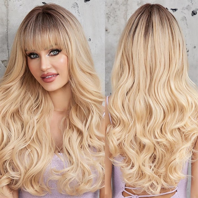 Ombre Blonde Wigs with Bangs Synthetic Women's Wig Long Wavy Layered Heat-Resistant Wig for Daily Use Natural and comfortable