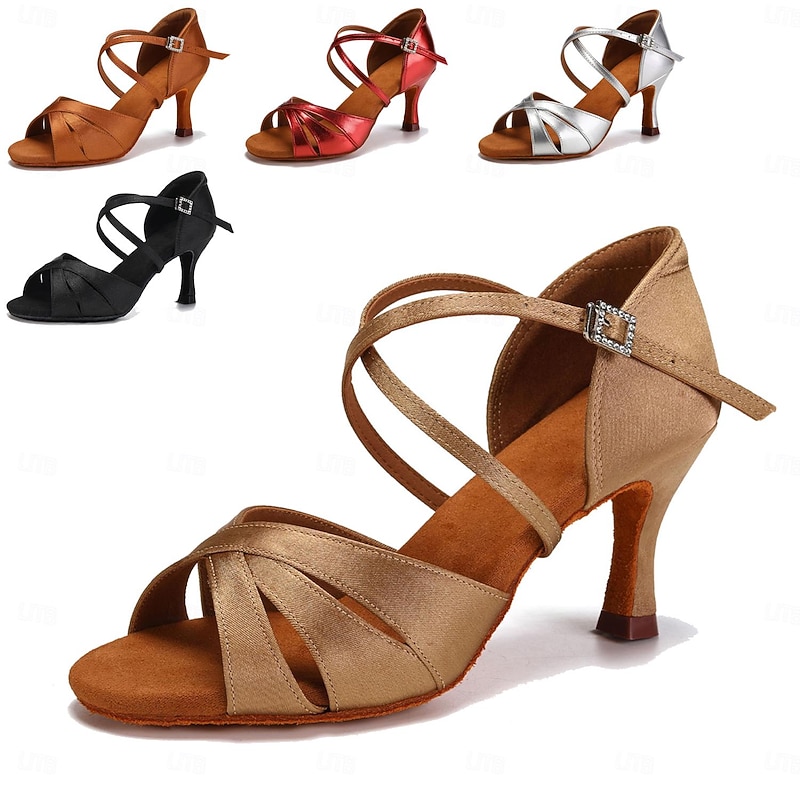 Women's Satin Ballroom Dance Shoes with Suede Sole - Strappy Latin Salsa Tango Heels for Professional and Social Dancing