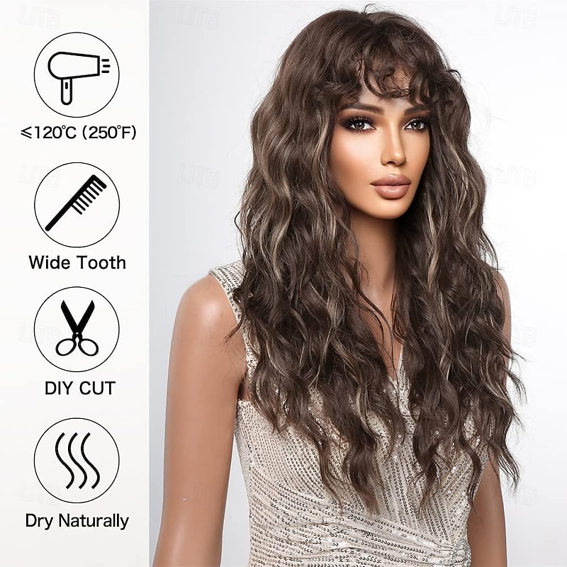 Long Brown Curly Wigs for Women Deep Wave Wigs with Bangs Synthetic Heat Resistant Wigs with Highlights2