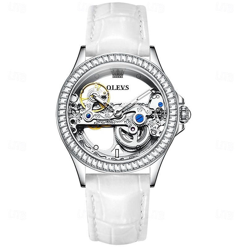 OLEVS Women Mechanical Watch Fashion Rhinestone Business Wristwatch Hollow Skeleton Waterproof Alloy Genuine Leather Watch4
