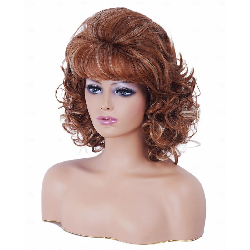 Vintage Short Ginger Mixed Blonde Beehive Wig with Bangs Curly Wavy Heat Resistant Synthetic Hair Wigs for Women fits 70s 80s Costume or Halloween and Party4