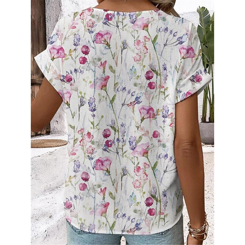 Women's Shirt V Neck Button Down Blouse Fashion Streetwear Floral Buttons Print Short Sleeve Regular Tops Split Neck Casual White Pink Sky Blue Summer3