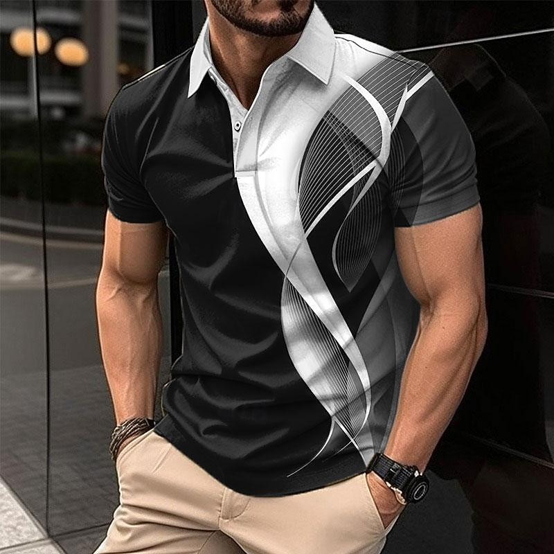 Men's Geometric Polo Shirts Golf Shirt Short Sleeve Polo Shirts Collared Shirts Business Casual Vacation Wear Formal Wear Festival Wear Buttons 3D Print Summer Black White Navy Blue