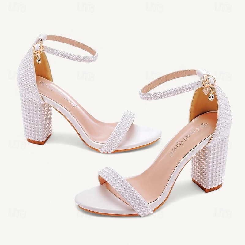 Women's Wedding Shoes Sandals Party Imitation Pearl Chunky Heel Round Toe Elegant Microbial Leather Ankle Strap White4