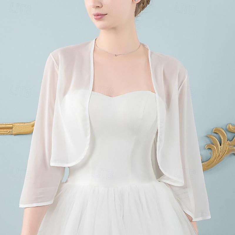 Women's Wrap Bolero Shrug Bridal's Wraps Elegant Vintage 3/4 Length Sleeve Chiffon Wedding Wraps With Pure Color For Wedding Summer2