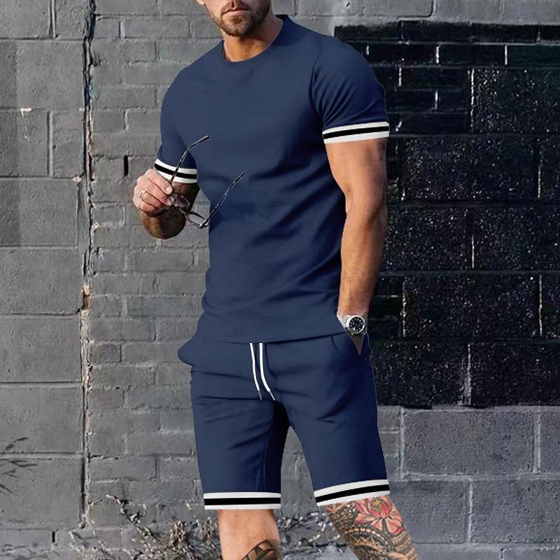 Men's T-shirt Suits Shorts and T Shirt Set 2 Pieces Outfits Short Sleeve Crew Neck Summer Color Block Stripes Fashion Casual 2 Piece Vacation Daily Wear Going out Black Red Navy Blue Top Tee for Men3