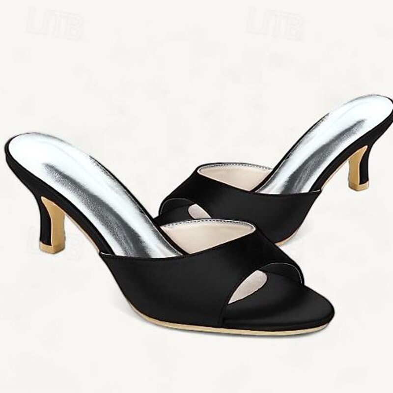 Women's Wedding Shoes Sandals Kitten Heel Open Toe Minimalism Satin Loafer Black White Ivory4