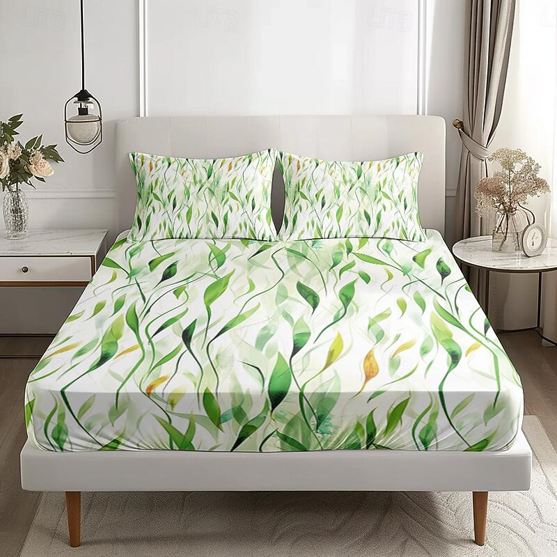 Leaves Pattern Fitted Sheet Set 100% Cotton Ultra Soft Breathable Silky  Bed Sheets Deep Pocket Bedding Sheets 3 Piece Queen King Size2