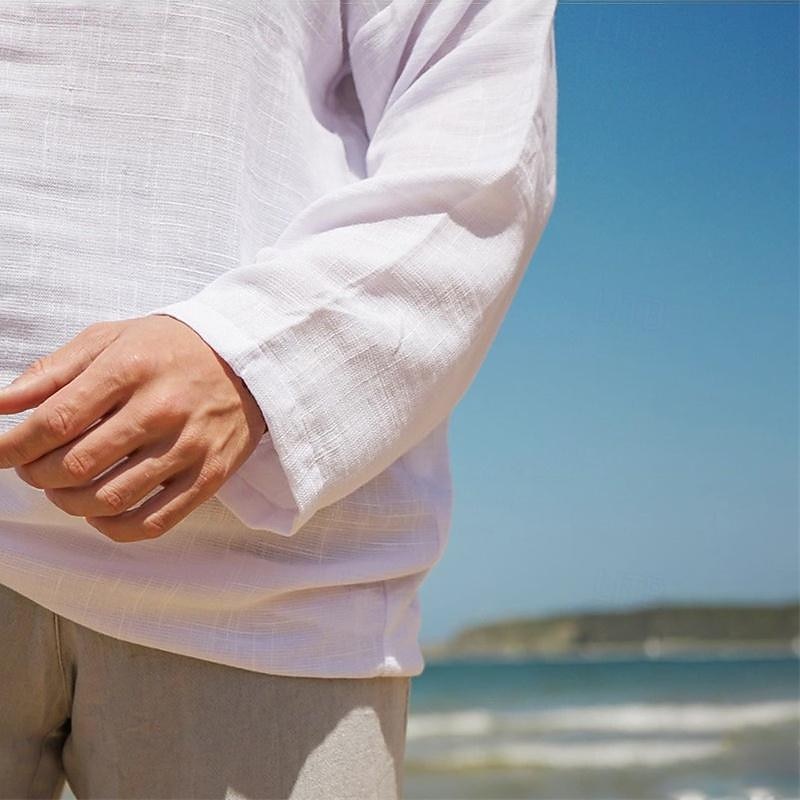Men's Shirt Linen Shirt White Cotton Shirt Summer Shirt Beach Shirt Cotton Linen Shirt Plain Vacation Holiday Black White Khaki Long Sleeve V Neck Spring &  Fall Clothing Apparel Button-Down3