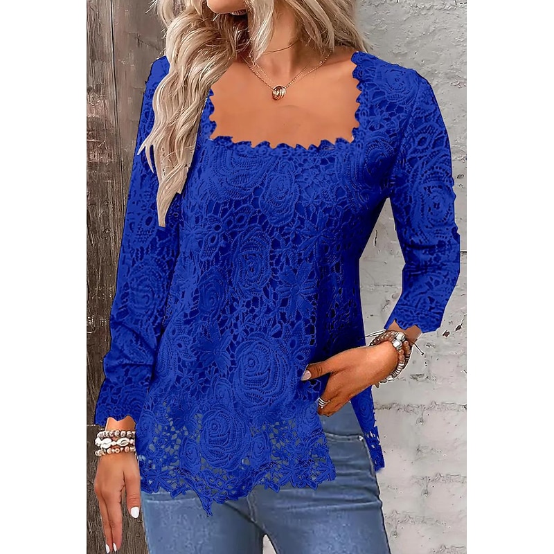 Shirt Lace Shirt Blouse Eyelet top Women's Black White Pink Plain Lace Street Daily Fashion Square Neck Regular Fit S2