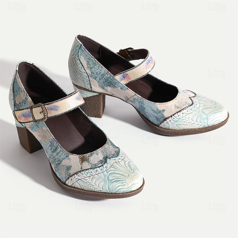 Women's Heels Pumps Handmade Shoes Vintage Gatsby Shoes Wedding Party Color Block Cone Heel Round Toe Elegant Vintage Gatsby Leather Buckle Light Blue 9