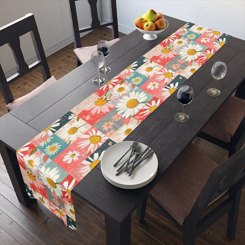 Floral Print Country Style Table Runner, Kitchen Dining Table Decor, Print Decor Table Runners for Indoor Outdoor Home Farmhouse Holiday Wedding Birthday Party Decoration3