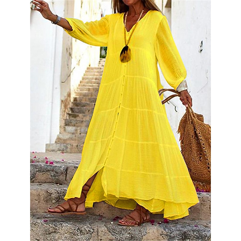 Women's White Yellow Blue Summer Spring Maxi long Dress Maxi Dress White Dress Shirt Dress Cotton Linen Dress Vacation Basic Modern Daily Weekend Loose Fit Plain V Neck 6