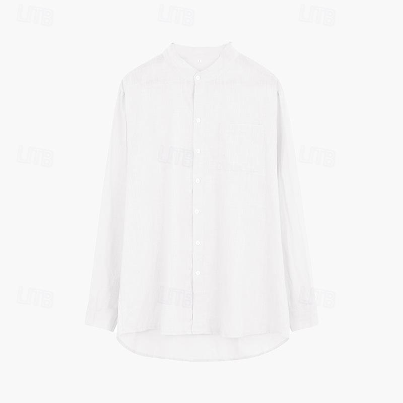 Men's Shirt Linen Shirt Cotton Linen Shirt White Cotton Shirt Chinese Collar Shirt Mandarin Collar Shirt Plain Vacation Hawaiian Black White Blue Brown Long Sleeve Band Collar Spring &  Fall Clothing3