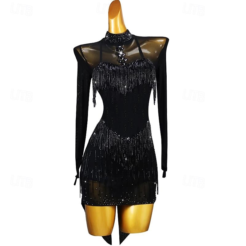 Latin Dance Dress Rhinestone Tassel Women's Performance Training Long Sleeve High Spandex Tulle