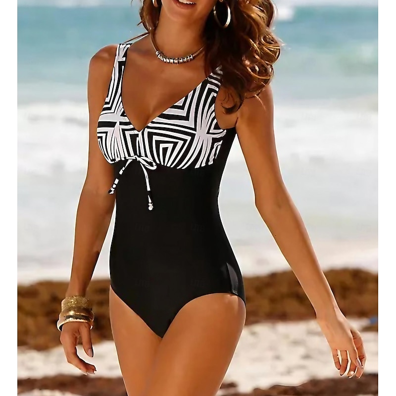Women's Normal Swimwear One Piece Monokini Bathing Suits Swimsuit Modest Swimwear Tummy Control Stripe Vacation Beach Wear Color Block Striped Strap Sleeveless Bathing Suits