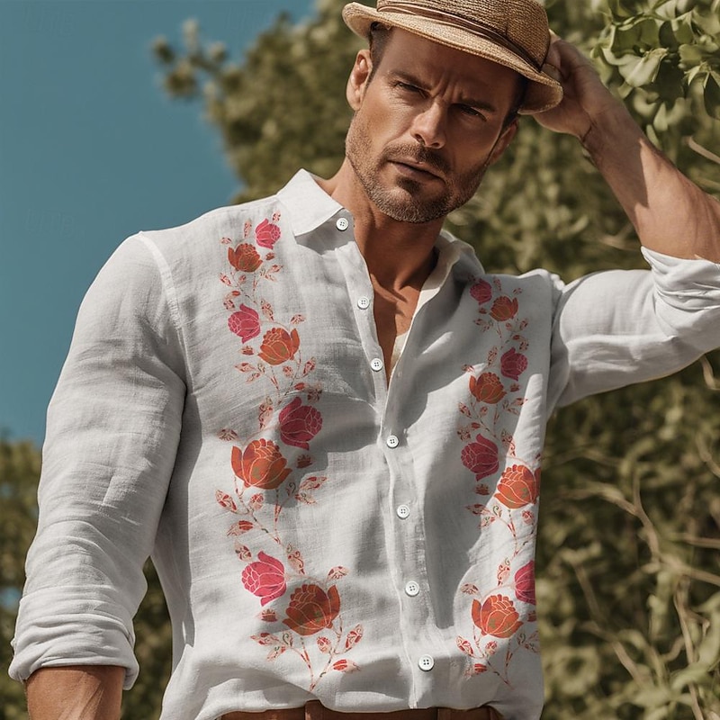 Men's Floral Floral Print Tropical Flowers Summer Hawaiian Shirt Aloha Shirt Printed Shirts Long Sleeve Shirt Turndown Resort Vacation Street Horse Race Black White Green S M L