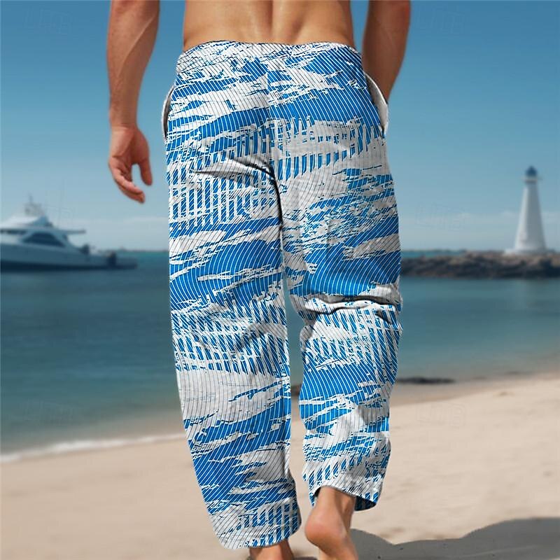 Vacation 3D Print Hawaiian Men's Side Pockets Elastic Drawstring Design Pants Trousers Straight-Leg Trousers Outdoor Hawaiian Holiday Polyester Blue Green S M L Medium Waist2