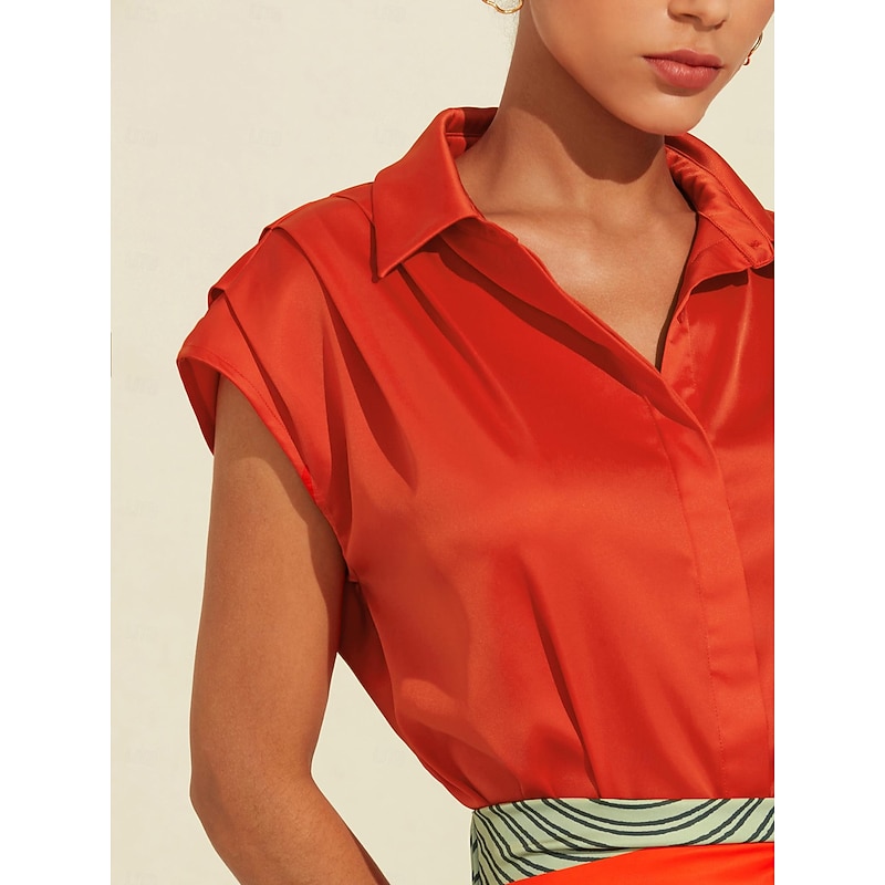 Women's Shirt Red Collared Shirt Collar Sleeveless Loose Solid Plain Casual Daily Summer3