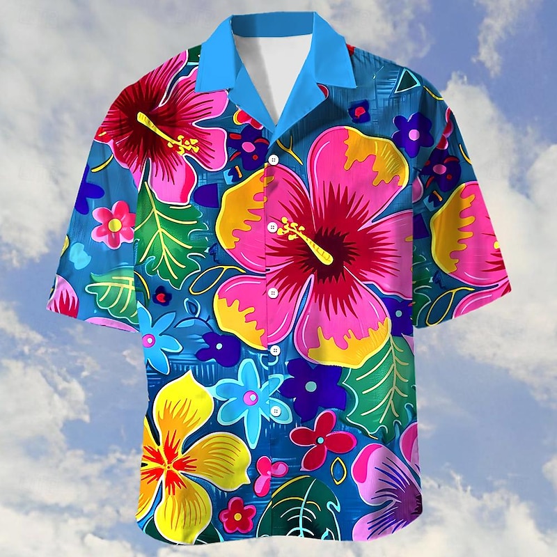 Men's Floral Print Tropical Flowers Shirt Summer Hawaiian Shirt Aloha Shirt Shirt Cuban Collar Vacation Fashion Hawaiian Outdoor Street Casual Sky Blue Purple Dark Blue S M L4