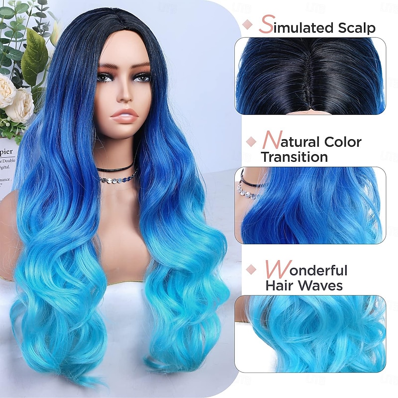 Long Blue Wavy Wigs for Women Ombre Blue Body Wave Mermaid Hair Wigs Long Curly Synthetic Hair for Daily or Cosplay Halloween Wigs3