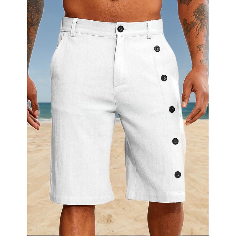 Men's Shorts Linen Shorts Summer Shorts Pocket Side Button Straight Leg Solid Color Comfort Breathable Knee Length Casual Daily Vacation Fashion White Blue Inelastic
