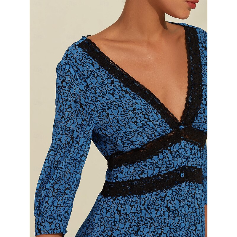 Women's A Line Dress Floral Dress Print Dress Midi Dress Blue Half-Sleeve Flower / Plants Floral Style Print Long Spring & Summer V Neck V-Front Sweet Date S M L3