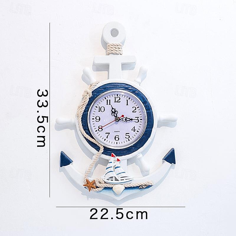Wall Decoration Wall Hanging Mediterranean Style Wood Powder Stamped Blue And White Helmsman Anchor Creative Personalized Nautical Clock4